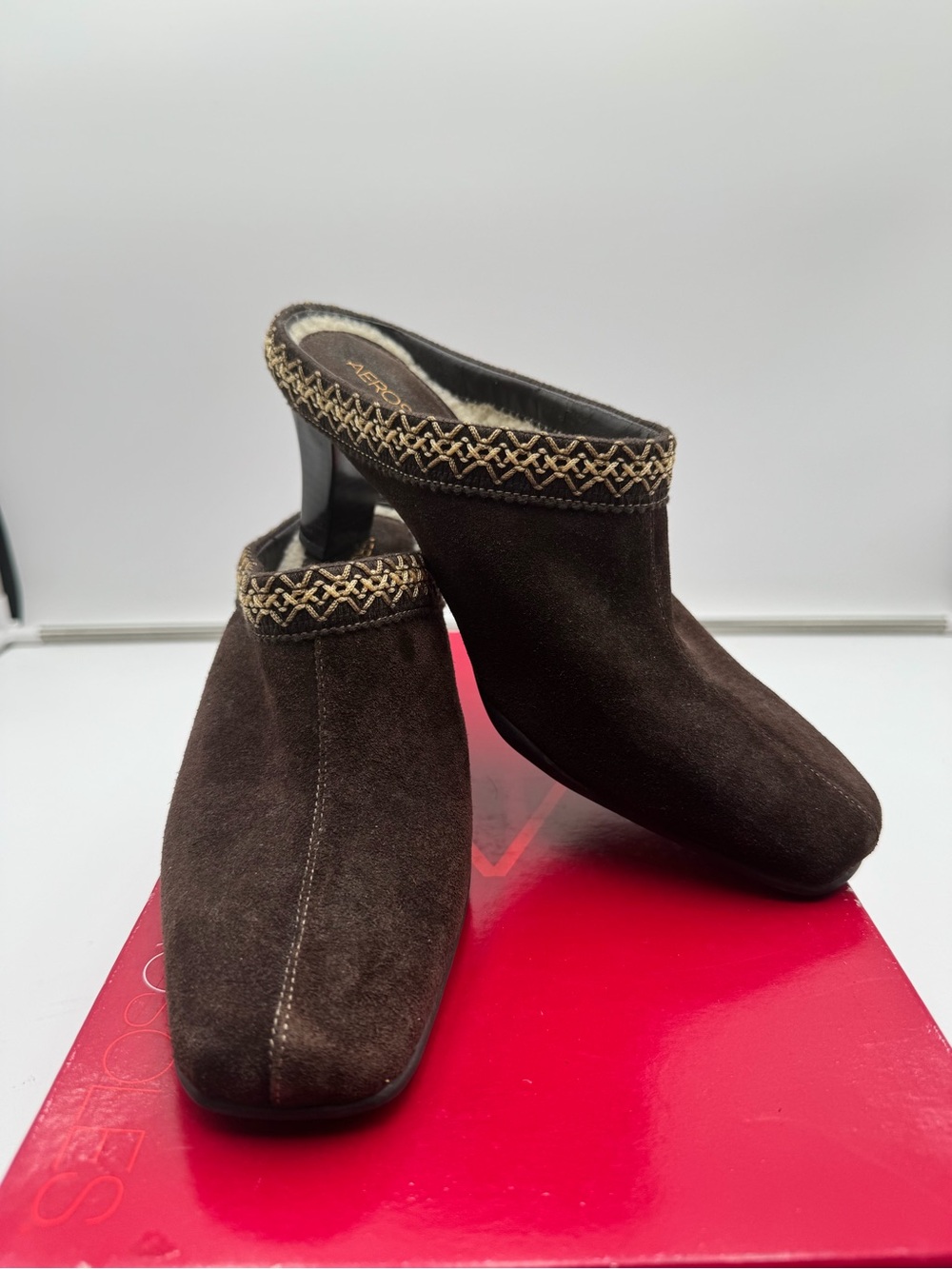 Aerosoles Cinchspiration Brown Suede Mule Heels Shearling Lined Size 8 Women